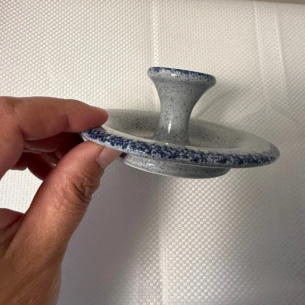 Vintage Blue Spongeware Ceramic‎ Taper Candle Holder Chamberstick Farmhouse